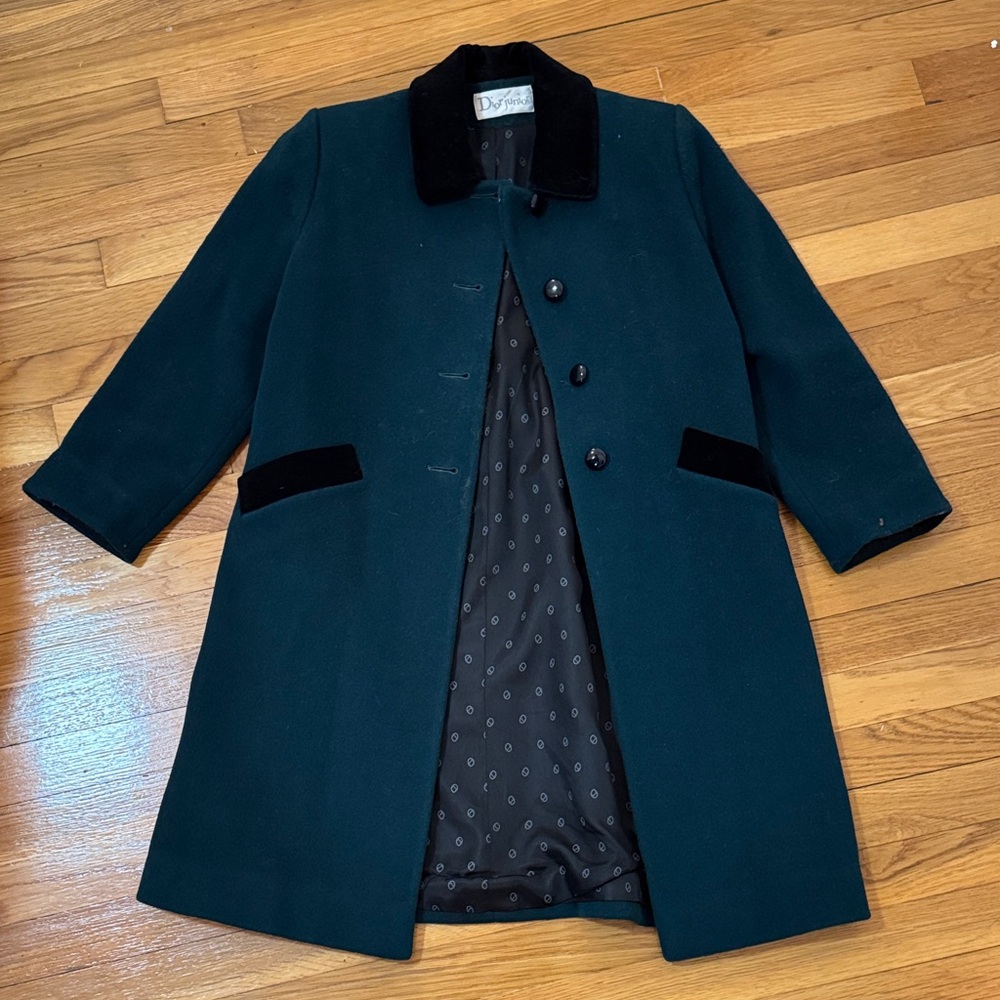 Christian Dior Juniors Dark Green Wool Coat with Black Accents